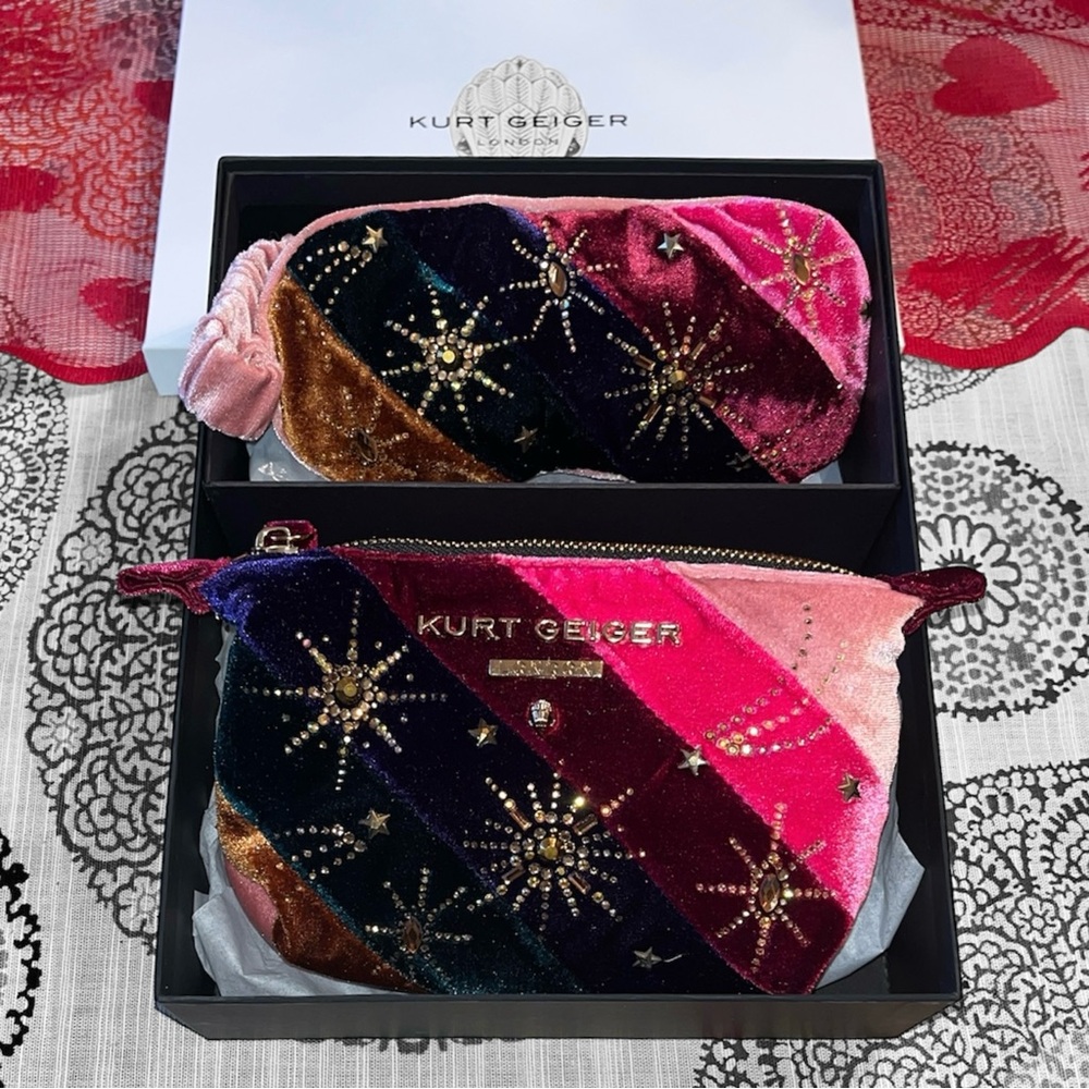 Kurt Geiger NWT! GORGEOUS Multicolor Velvet Sleep Mask & Pouch Boxed Gift Set